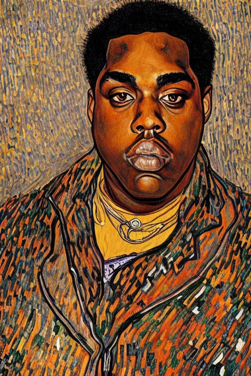 Image similar to a portrait of notorious b. i. g. in style of egon schiele, gustav klimt and vincent van gogh, masterpiece, hyperdetailed, complex, intricate, 4 k, trending on artstation