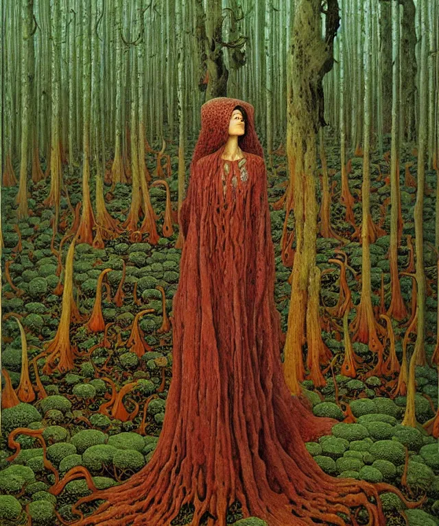 Image similar to A detailed funguswoman stands among the mushroom forest. Wearing a ripped mantle, robe. Perfect faces, extremely high details, realistic, fantasy art, solo, masterpiece, art by Zdzisław Beksiński, Ivan Bilibin, Dariusz Zawadzki