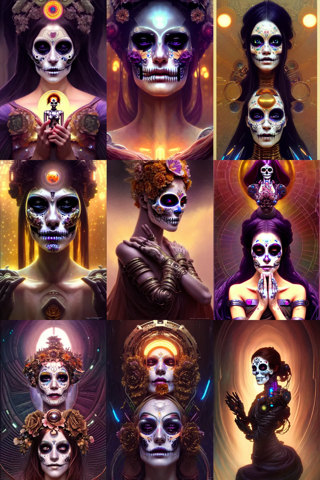 Prompt: beautiful crying android! woman deity. ethereal, elegant, fantasy, blade runner, pose, photorealistic, interstellar, intricate detailed environment. ( el dia los muertos ), 8 k, hd. by terry o'neil and artgerm and greg rutkowski and alphonse mucha and loish and wlop