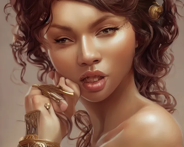 Image similar to A beautiful cream skinned woman with a square jaw puffy cheeks and ears that stick out, mischievous grin, HD, illustration, epic, fantasy, intricate, elegant, amazing detail, digital painting, artstation, concept art, smooth, sharp focus, illustration, art by Turine Tran