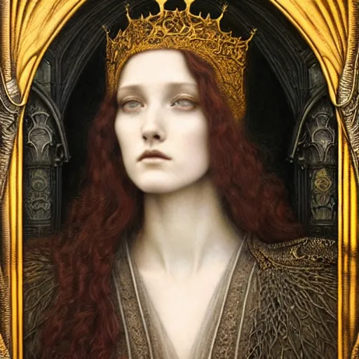 Image similar to detailed realistic beautiful young medieval queen face portrait by jean delville, tom bagshaw, brooke shaden, gustave dore and marco mazzoni, art nouveau, symbolist, visionary, gothic, pre - raphaelite, ornate gilded medieval icon, surreality, ethereal, unearthly, haunting, celestial, neo - gothic, ghostly, memento mori, enigmatic, spectral