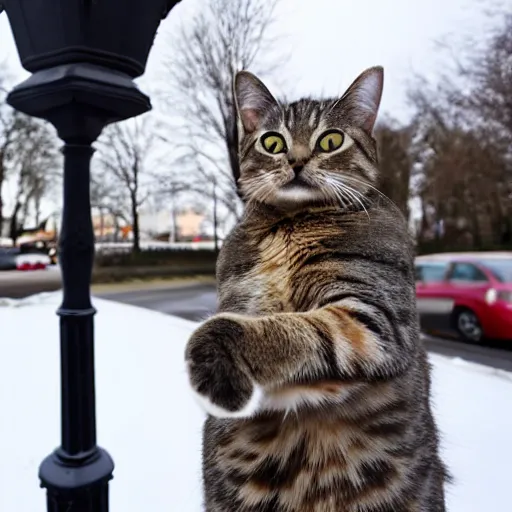 Prompt: A photo of a cat that has its tongue stuck to a lamp post due to the freezing cold.