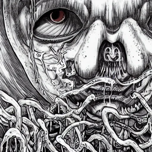 Image similar to Artwork by Junji Ito of The Chitine King Hian the Demigod, master of Ice, and their hateful haunting of steam mephits and horrifying balors, who plan to take revenge on the party for a perceived wrong done to them long ago.