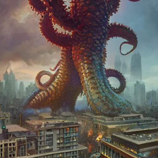 Image similar to bob ross monster with disgusting tentacles, destroying a cityscape, 8 k, highly detailed, digital painting, unreal engine tech demo, vivid colors, artstation, art by artgerm and greg rutkowski and alphonse mucha