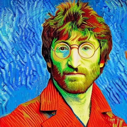 Image similar to an artistic portrait of john lennon, peaceful, friendly, high quality, studio photography, colorful, hero, heroic, beautiful, in the style of vincent van gogh