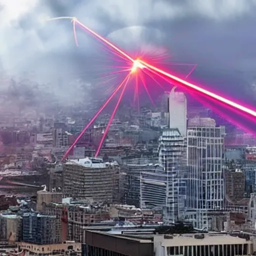 Image similar to ufo throwing laser beams over a city, destroying buildings, people scared and scaping, the sky is red