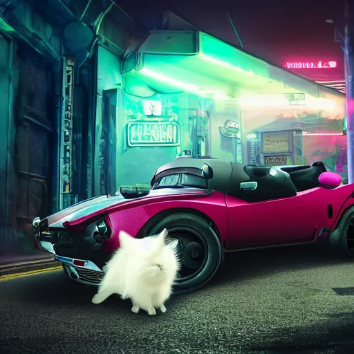 Image similar to a fluffy roadster covered with white fur and looked like a cat, parking in the street, Cyberpunk, neon light, front view, 4k, hd, highly detailed