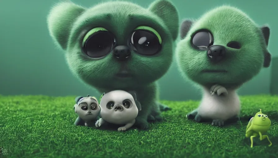 Image similar to very very very cute green baby animals by Max Kostenko and Bobby Chiu, disney, pixar, MPC, Framestore, character design for animation, uplight, a lineup of characters, big disney eyes, symmetrical yellow eyes, cuteness, 3d render, octane rendered, highly detailed, cinematic lightning, rendered by maya and houdini, highly detailed, unreal engine, Trending on Artstation, octane render, 4k, 8k, HD, oil on Canvas by Elena Zhurikhina and Goro Fujita and Charlie Bowater