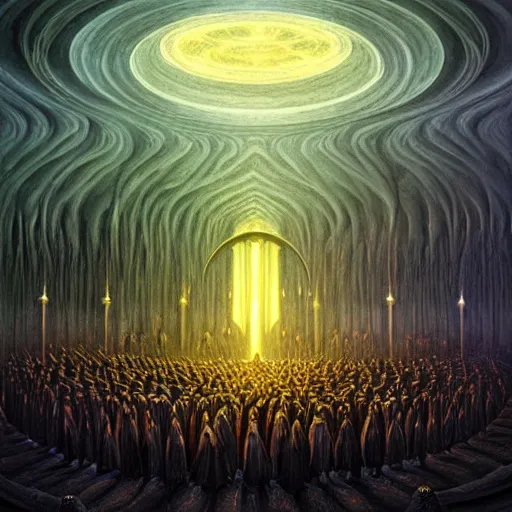 Image similar to a dark cabal of multiple hooded elven mystics in long dark robes gathered in a circular formation around a highly advanced alien computer, dan seagrave art, michael whelan