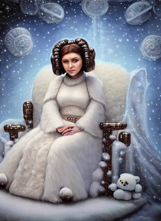 Image similar to highly detailed closeup portrait of a snow, ice princess as princess leia sitting on a throne surrounded by fluffy bears, nicoletta ceccoli, mark ryden, lostfish, earl nore, global illumination, god rays, detailed and intricate environment