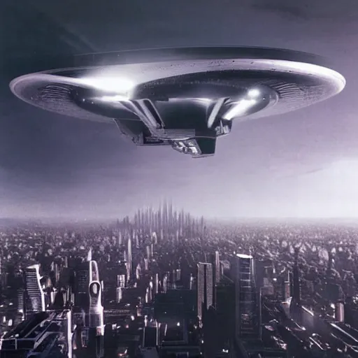 Image similar to a 1960s photograph of a giant spaceship flying over a city, dramatic lighting, cinematic, establishing shot, extremely high detail, foto realistic, cinematic lighting, post processed, concept art, high details, cinematic, 8k resolution, beautiful detailed, photorealistic, digital painting, artstation, concept art, smooth, sharp focus, artstation trending, octane render, unreal engine