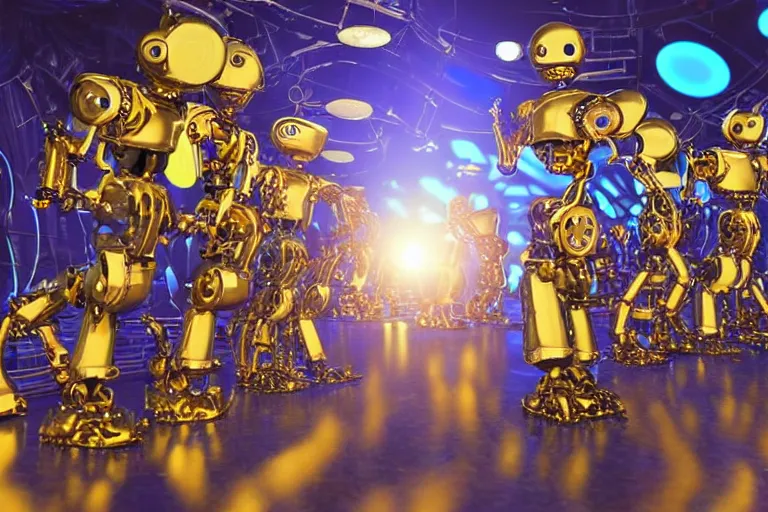 Image similar to a queue of 7 golden and blue metal humanoid steampunk robots dancing inside a television studio from americas got talent, robots are wearing and gears and tubes, eyes are glowing red lightbulbs, shiny crisp finish, 3 d render, 8 k, insaneley detailed, fluorescent colors, nightlight