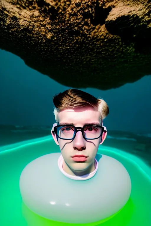 Prompt: high quality pastel coloured film mid angle portrait photograph of a beautiful young 2 0 year old male, soft features, short hair, led glasses and rubber oversized inflated clothing!!!! icelandic black! rock pool environment. atmospheric three point light. photographic. art directed. ( pastel colours ). volumetric. clearcoat. waves. 8 k. filmic.