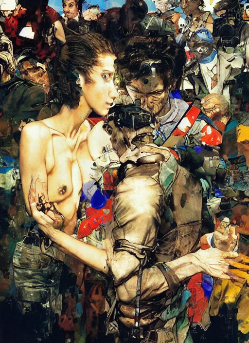 Image similar to unbelivable tension between two people, surreal, vivid colors, painting by Alexander Mandradjiev, part by Yoji Shinkawa, part by Norman Rockwell