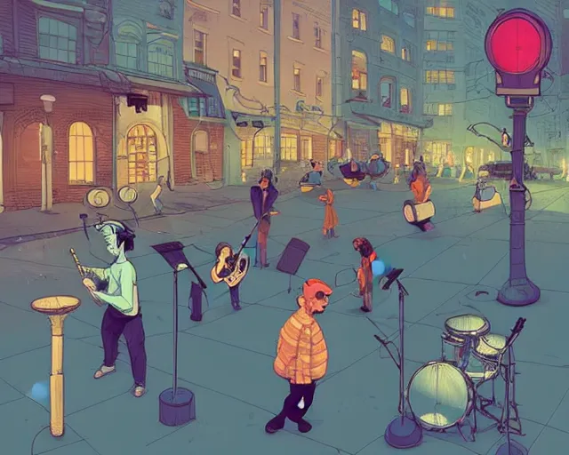 Image similar to a study of cell shaded cartoon of music band playing music street lamps, road, illustration, wide shot, subtle colors, post grunge, concept art by josan gonzales and wlop, by james jean, Victo ngai, David Rubín, Mike Mignola, Laurie Greasley, highly detailed, sharp focus, Trending on Artstation, HQ, deviantart, art by artgem