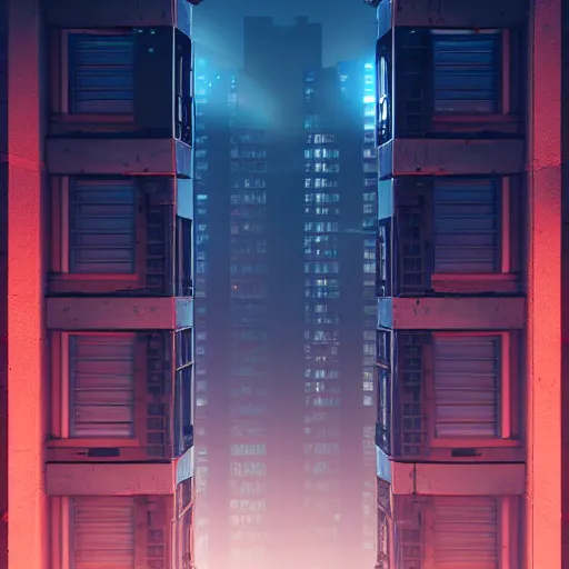 Image similar to One dilapidated building with only one window glowing. ArtStation, Cyberpunk, Vertical Symmetry, 8K, Highly Detailed, Intricate, Album Art.