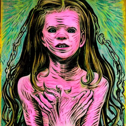 Image similar to a cute little girl, horror, hp lovecraft, hr giger, bernie wrightson,. stephen kasner, fauvism, terrifying, 8 5 mm f / 1. 8, detailed