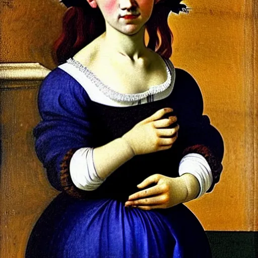 Image similar to fully clothed beautiful girl, she is wearing a blue dress, she has red hair, artemisia gentileschi