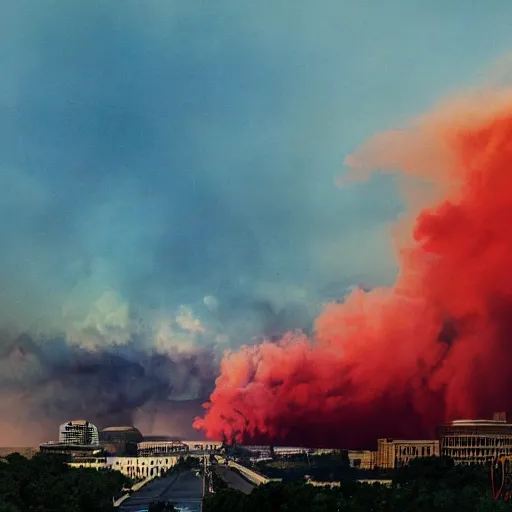 Prompt: dystopian, destroyed washington dc, real, blue sky, smoke, red clouds, detailed, award winning, masterpiece, photograph, cinematic, hyperrealism