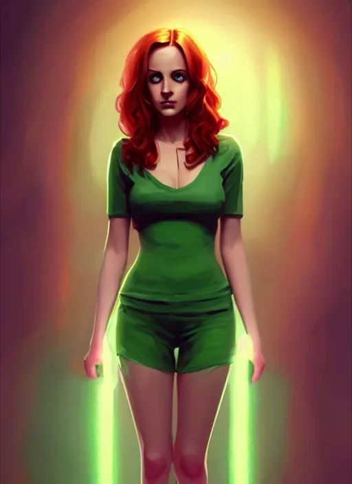 Image similar to full body portrait of teenage cheryl blossom, bangs, green eyes, mischievous expression, red hair, sultry smirk, bangs and wavy hair, intricate, elegant, glowing lights, highly detailed, digital painting, artstation, concept art, smooth, sharp focus, illustration, art by wlop, mars ravelo and greg rutkowski