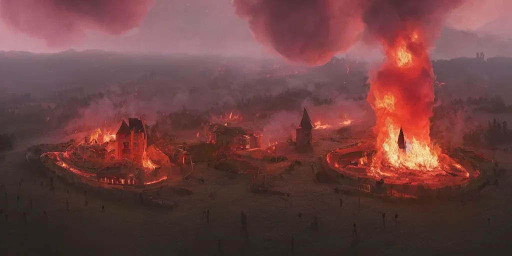 Image similar to a royal grand medieval castle on fire, on top of a hill, birds eye view from a distance, intense smoke, burning down, intense flames, center focus, landscape by simon stalenhag, rendered by beeple, by makoto shinkai, digital art