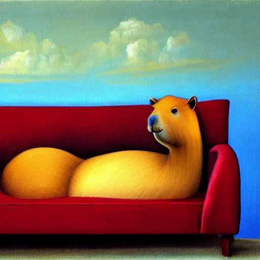 Prompt: capybara posing on a couch | in the style of salvadore dali | matte oil painting | featured on artstation | impressionist
