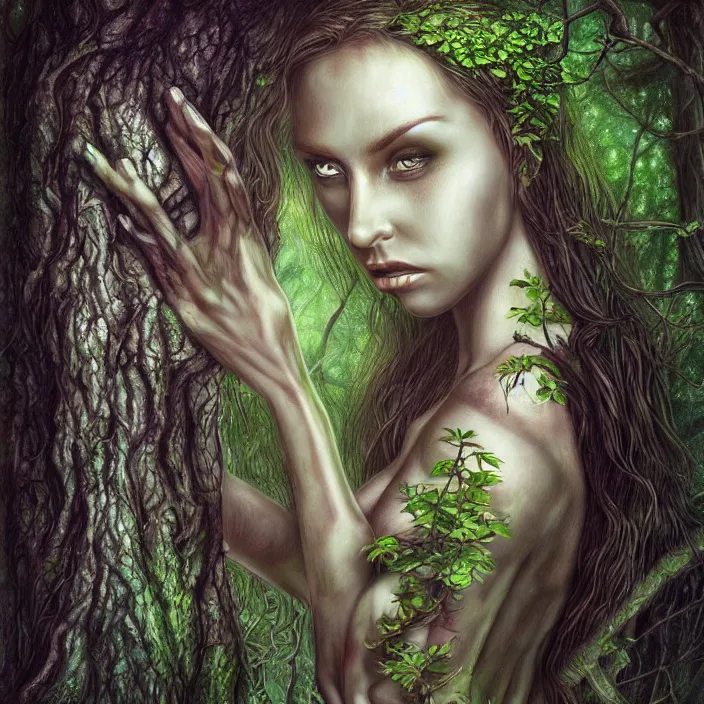 Image similar to female dryad, dark forest, surreal, nature, light shining through, hyper - realistic, highly detailed, sharp focus, smooth, intricate, marilena mexi style