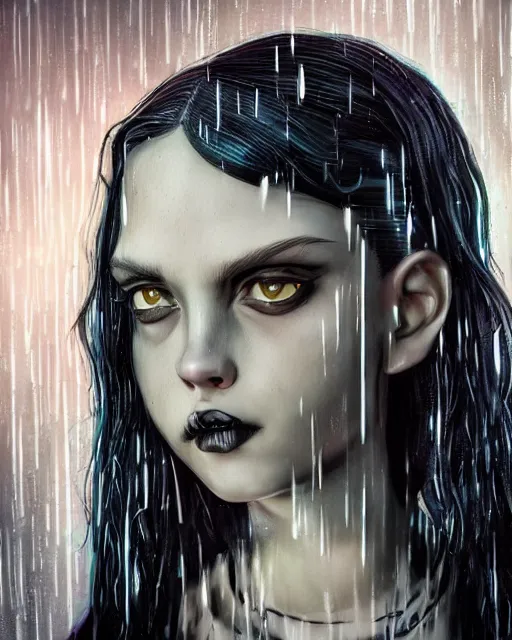 Image similar to An epic fantasy comic book style portrait painting of a very beautiful imposing Industrial goth Wednesday Addams in the rain, wet hair, neon reflections, character design by Mark Ryden and Pixar and Hayao Miyazaki, unreal 5, DAZ, hyperrealistic, octane render, cosplay, RPG portrait, dynamic lighting, intricate detail, cinematic