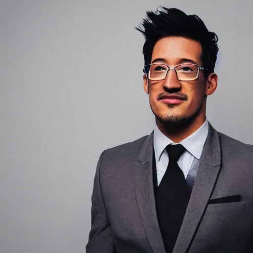 Prompt: A photo of Markiplier from YouTube wearing a grey suit and red tie, portrait shot, DSLR