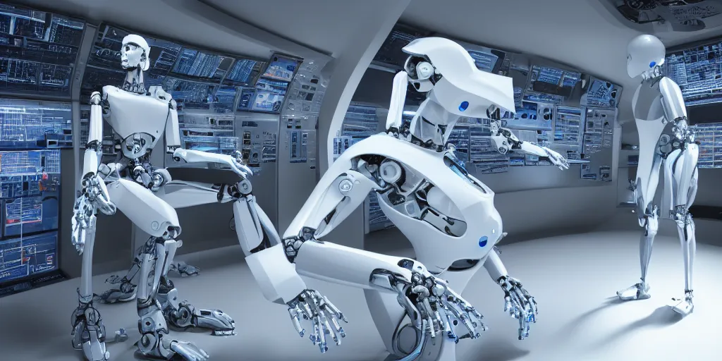 Image similar to a robot as The Thinker sculpture in a sci-fi control room, highly detailed, 8k UHD