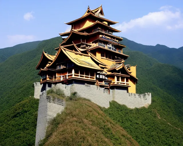 Prompt: Mountaintop castle made of bamboo