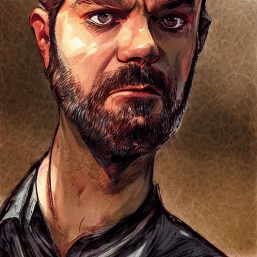 Image similar to beautiful portrait of a man with a short-beard blue eyes(looking like joshua jackson and aaron paul, sean bean), in the style of Enki Bilal and Joe Jusko and Alex Ross, trending on artstation