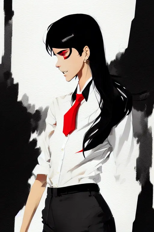 Image similar to a ultradetailed beautiful panting of a stylish woman, she is wearing a white shirt with a tie and black pants, by conrad roset, greg rutkowski and makoto shinkai trending on artstation