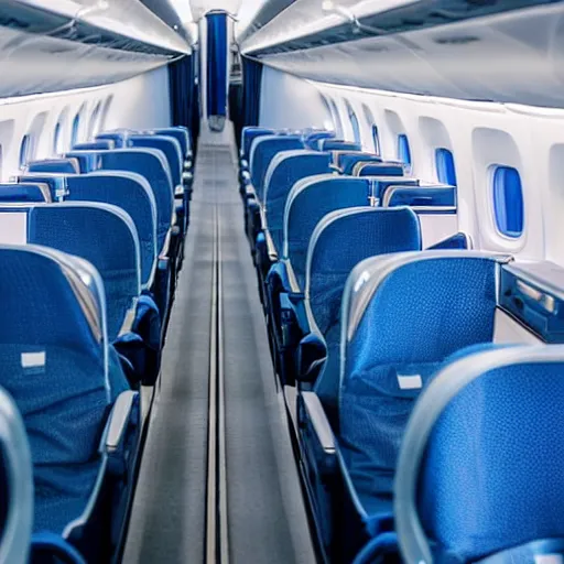 Prompt: Interior shot of a luxurious business class cabin on a plane with blue floors