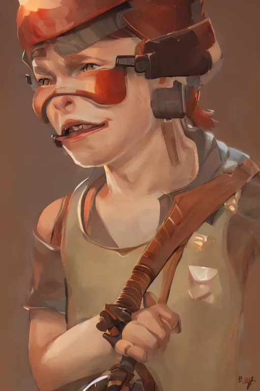 Image similar to beautiful highly detailed realistic stylized portrait of a small boy with a wooden sword, team fortress 2, fortnite, torchlight, heartstone, detailed character art, portrait, trending on artstation by artgerm, greg rutkowski, ghibli, yoshiyuki tomino