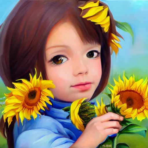 Prompt: a beautiful painting of young girl holding a sunflower and smiling,anime,artstation,highly detailed