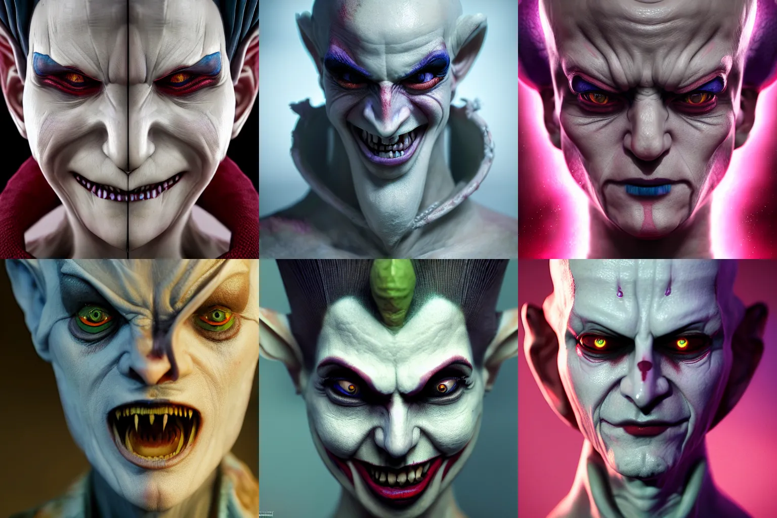 Prompt: incredibly realistic, too detailed face of evil hisoka, jester makeup, detailed eyes, octane render, bump mapping, macro image, global illumination, 8 k, bokeh, enki bilal, yuji himukai, jen zee, peter mohrbacher