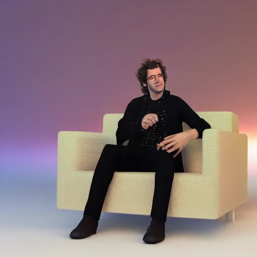 Image similar to gustavo cerati sitting on a sofa looking at the red moon, universe, stars, digital art, render unreal engine, highly detailed face, asymmetrical