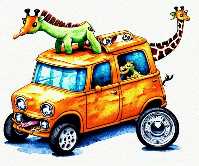 Image similar to cute and funny, giraffe riding in a tiny hot rod with oversized engine, ratfink style by ed roth, centered award winning watercolor pen illustration, isometric illustration by chihiro iwasaki, edited by range murata, tiny details by artgerm and watercolor girl, symmetrically isometrically centered, focused