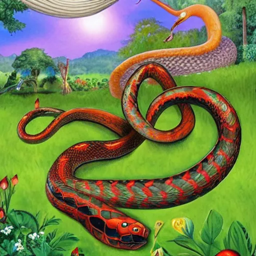 Prompt: a suspicious serpent in the garden of eden