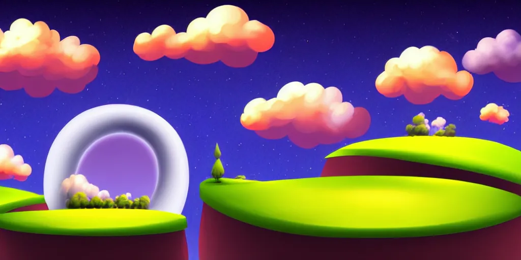 Prompt: nightscape chubby cartoon concept art, skyscrapper over a grass spiral hill, spiral clouds, liquid smoke