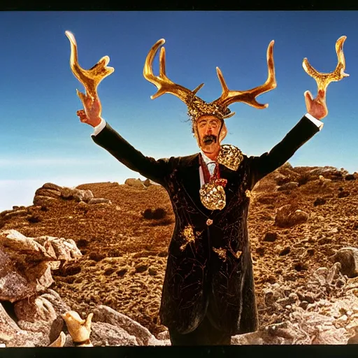 Prompt: salvador dali wearing a golden costume with jewels and antlers, in a dry rocky desert landscape, visible sky and sunny atmosphere, film still from the movie by alejandro jodorowsky with cinematogrophy of christopher doyle and art direction by hans giger, anamorphic lens, kodakchrome, very detailed photo, 8 k