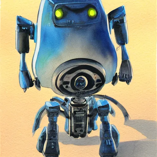 Prompt: painting of a small animal robot, gouache, james gurney, disney, ghibli, miyazaki, manga, concept art, watercolor