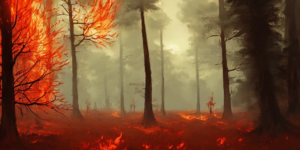 Prompt: A flaming forest , flaming leaves,fire ,Magma, artstation,by Jakub Rozalski