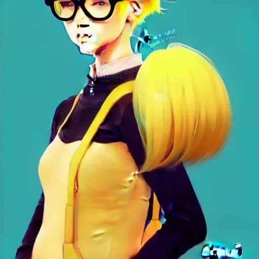 Image similar to a beautiful slim introverted yellow haired nerd girl, art by ilya kuvshinov and lois van baarle and ross tran and range murata and artgerm and andy warhol, norman rockwell, mystical trending on artstation hq, pinterest, unreal engine 5, 4 k uhd image,