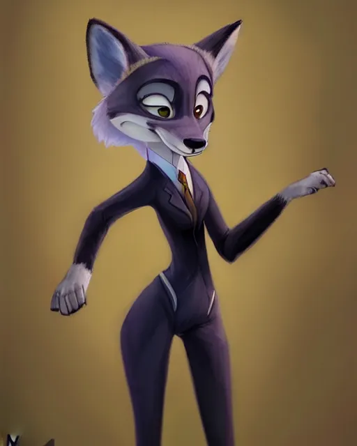 Image similar to oil painting of anthromorphic female wolf, in style of zootopia, zootopia, zootopia, fursona, furry, furaffinity, 4 k, deviantart, furry art, fursona art, wearing black business suit, business suit, in style of zootopia, wolf fursona, cyberpunk, female, expressive detailed feminine face,