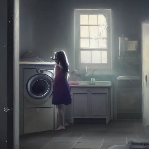 Image similar to woman demon crawling out of a washing machine in a laundry room, cinematic lighting, inspired by Evgeny Lushpin,George, greg rutkowski winter,nighttime,cinematic,art station