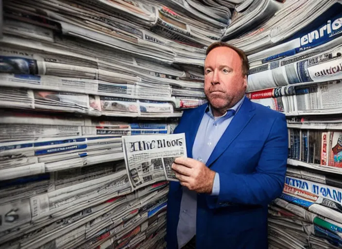 Prompt: dslr photo still of infowars host alex jones in a blue suit fat grey beard and mustache in a!!! room filled to the ceiling with newspapers newspapers to the ceiling newspapers everywhere stacks of newspapers!!!!!! looking at an iphone in shock!!!, 5 2 mm f 1. 8