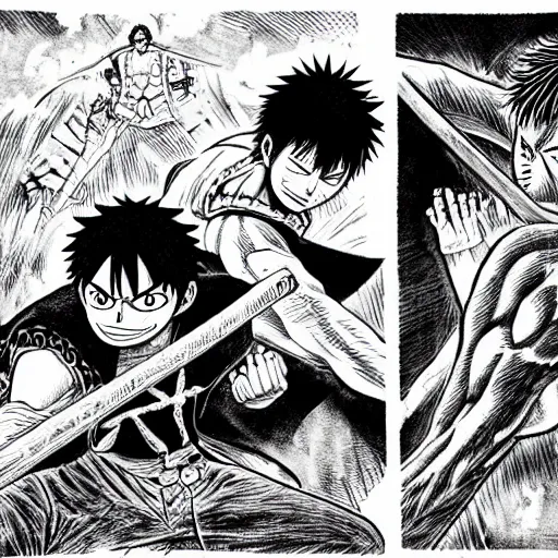 Prompt: anime fight of Luffy vs Guts, cross hatched wood engraving