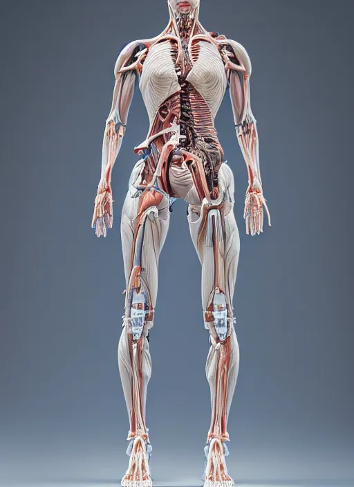 Prompt: a full body sculpture of anatomical female detailed cyborg, veins, ceramic base, orthographic, studio lighting